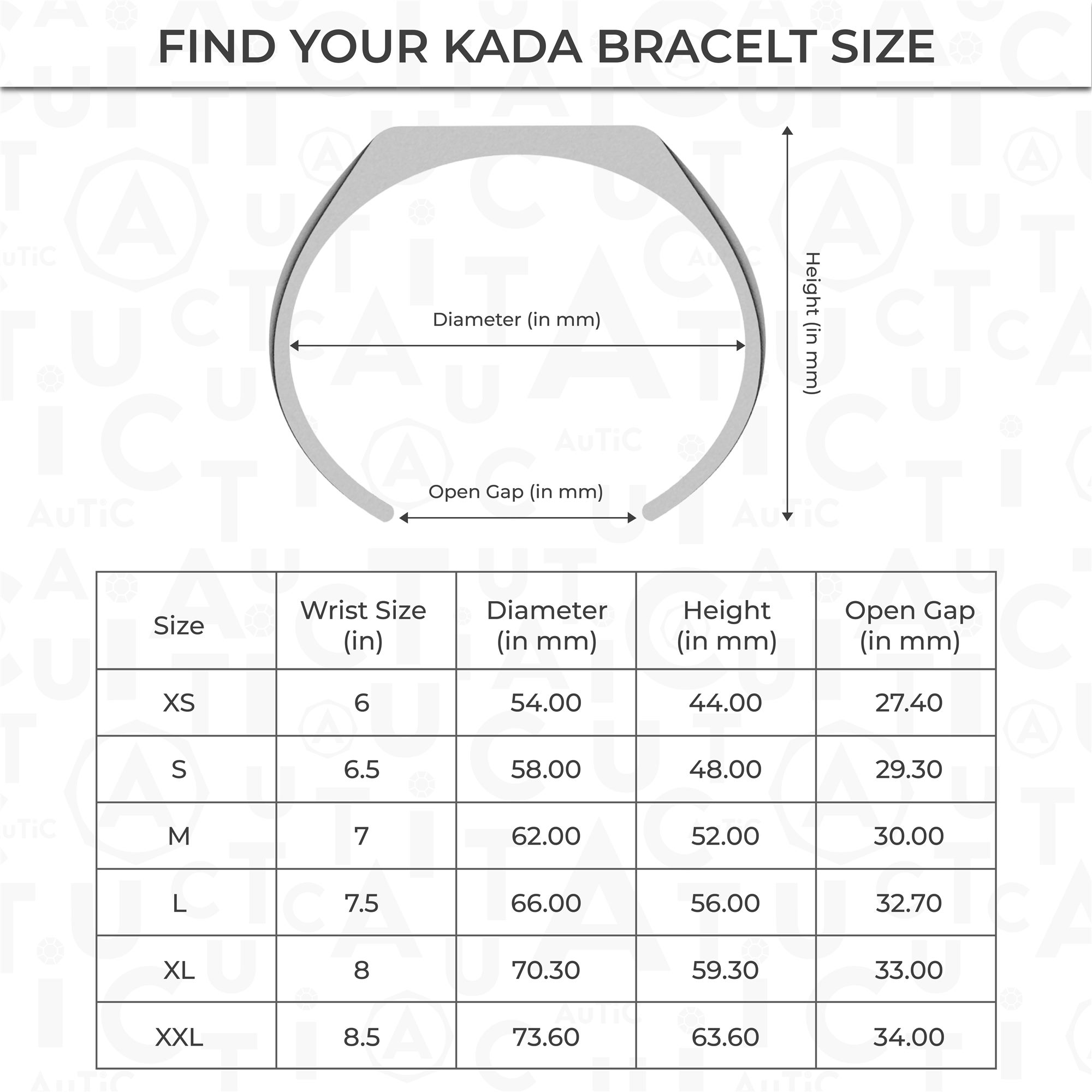 Find your Kada bracelet size: diameter, height, and open gap measurements in mm for sizes XS through XXL, mapped to wrist size in inches.
